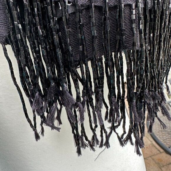 Vintage KC Malhan Black 100% Silk Scarf Beaded Fringe 84 inches Length Luxury - Picture 3 of 6